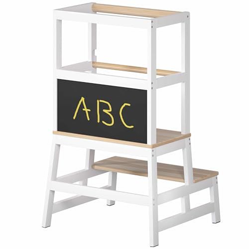 Spielwerk® Tour d'Observation Montessori Blanche Enfant Dès 18 Mois - Chaise Haute Bébé Jouet Bebe 1 an - Cuisine Enfant - Bois de Pin Véritable Sécurisé avec Tableau Noir