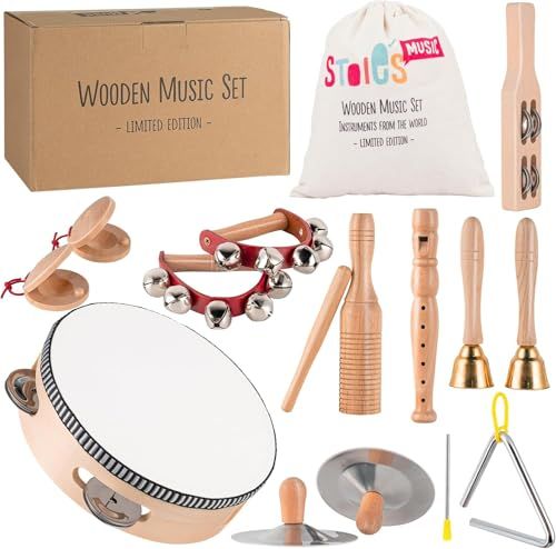 Instruments de Musique en Bois Stoie’s pour Enfants 3 à 9 Ans : Tambour, flûte, grelots, cymbales, castagnettes, Triangle. Montessori, Sons clairs, Prise sûre, Sac Coton Inclus