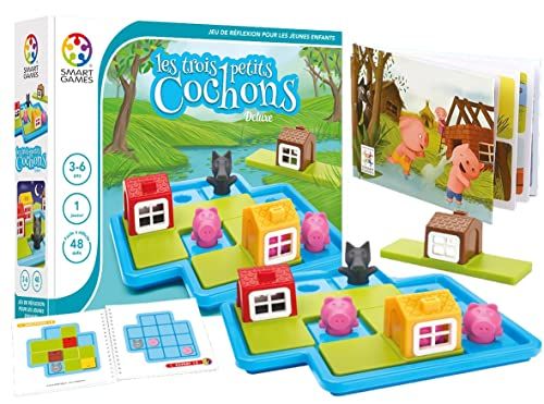 SmartGames - Les Trois Petits Cochons - Jeu de Réflexion - Protégez Les Petits Cochons du Loup - Livre de Conte Illustré et Livret de 48 Défis Inclus - 1 Joueur - pour Enfants de 3 à 6 Ans