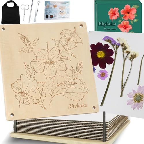 Rhykoka Presse à fleurs extra grande, kit de presse en bois avec 10 couches de 28x28 cm (11x11 pouces) pour adultes avec sac de rangement, cadeau pour les amateurs d'arts et de bricolage (en bois)