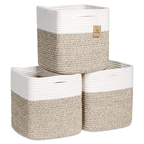 NaturalCozy Lot de 3 cubes de rangement de 28 cm en corde de coton tissée pour organiser, étagères carrées pour salle de classe, bacs à jouets pour enfants, placard, chambre de bébé