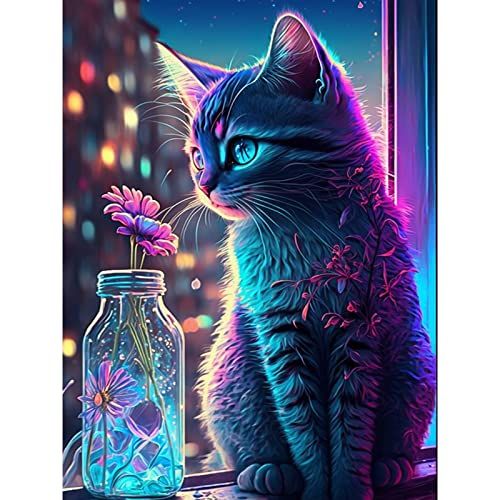 MXJSUA Chat Fleur Bricolage Diamond Painting, 5D DIY Diamant Painting Kit Complet, Peinture Diamant Artisanat Strass Painting pour Adultes, Enfants, Décoration Intérieur 30x40cm