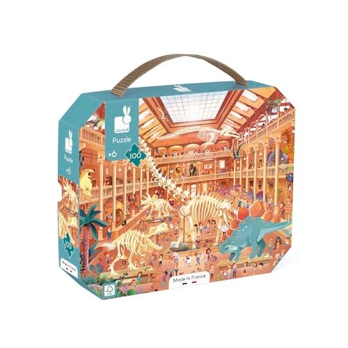 Janod - Puzzle Enfant Musée d'Histoire Naturelle 100 Pièces - Jeu Educatif Motricité Fine et Concentration - Valisette Poignée - Fabriqué en France et Certifié FSC - Dès 6 Ans, J02606